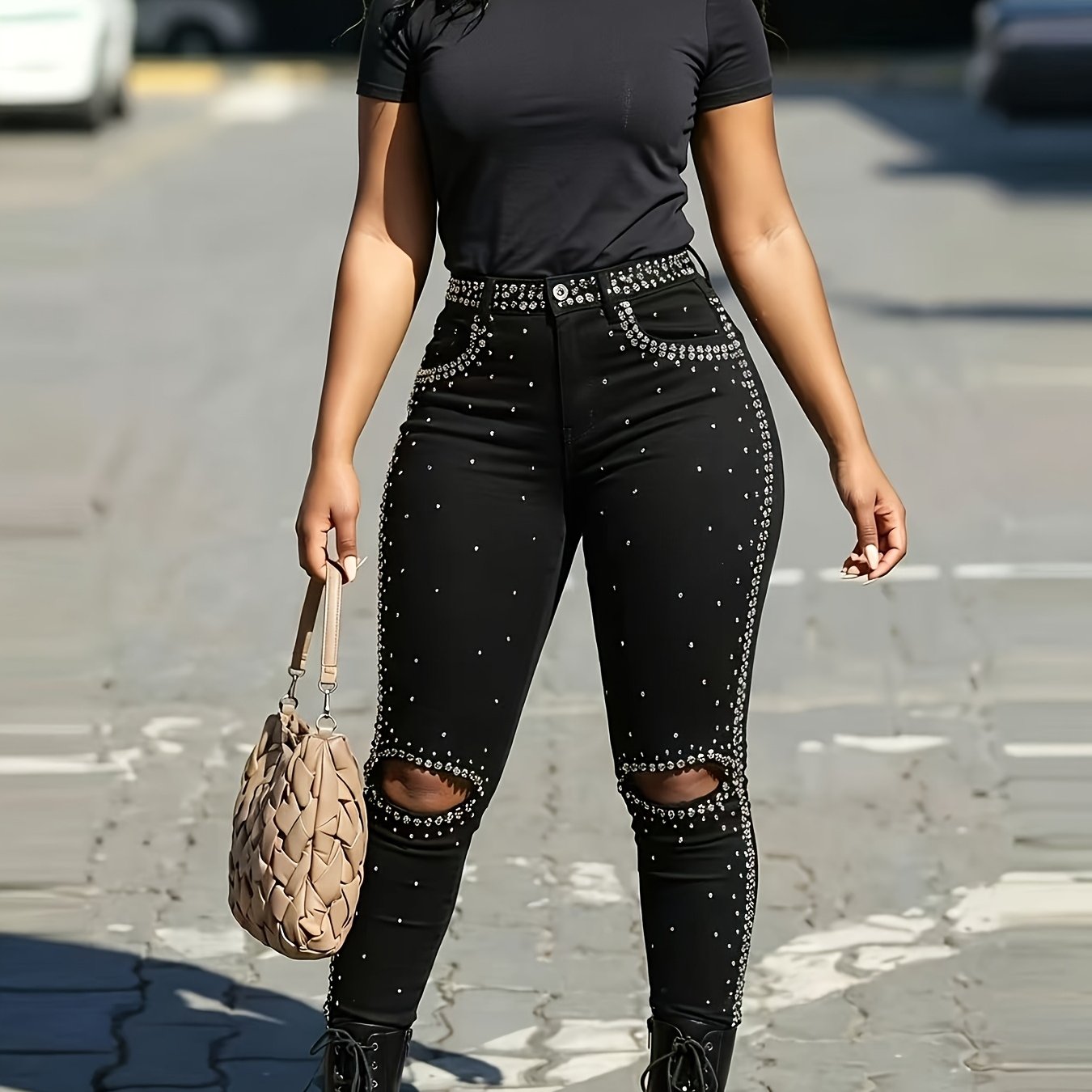 Women's Ripped Skinny Jeans With Rhinestone Leg Distressing - Pants, Machine Washable Suitable For Casual Outdoor Wear, - Comfortable Leg Hole (no )