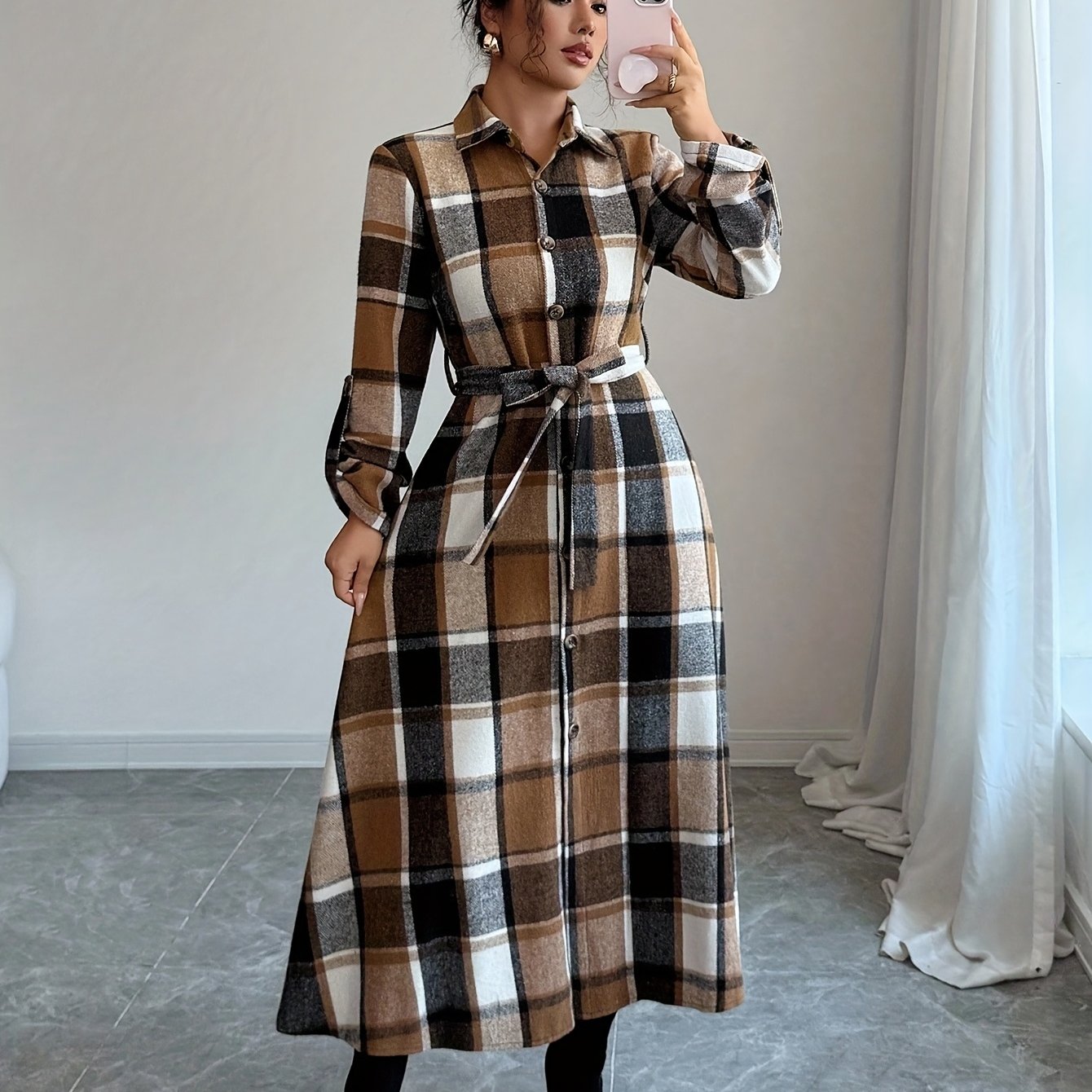 E-shop Neues europäisches amerikanisches langärmeliges Hemdkleid im Karomuster-Druck für Herbst/Winter/Frühling im Urlaubsstil, elegant, lässig,