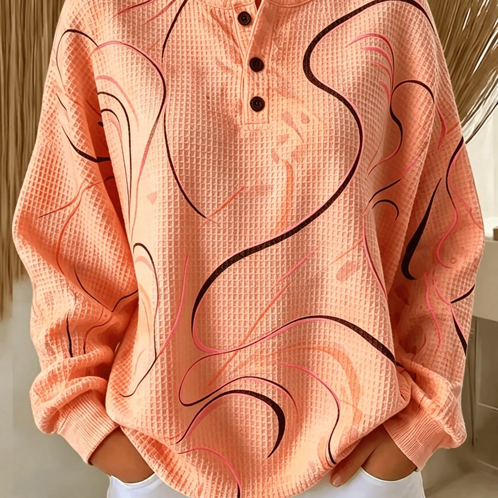 TEMU Plus Size Autumn And Winter New Women's Waffle Henley Collar Long Sleeve Top, Abstract Loose Casual Drop Shoulder Pullover