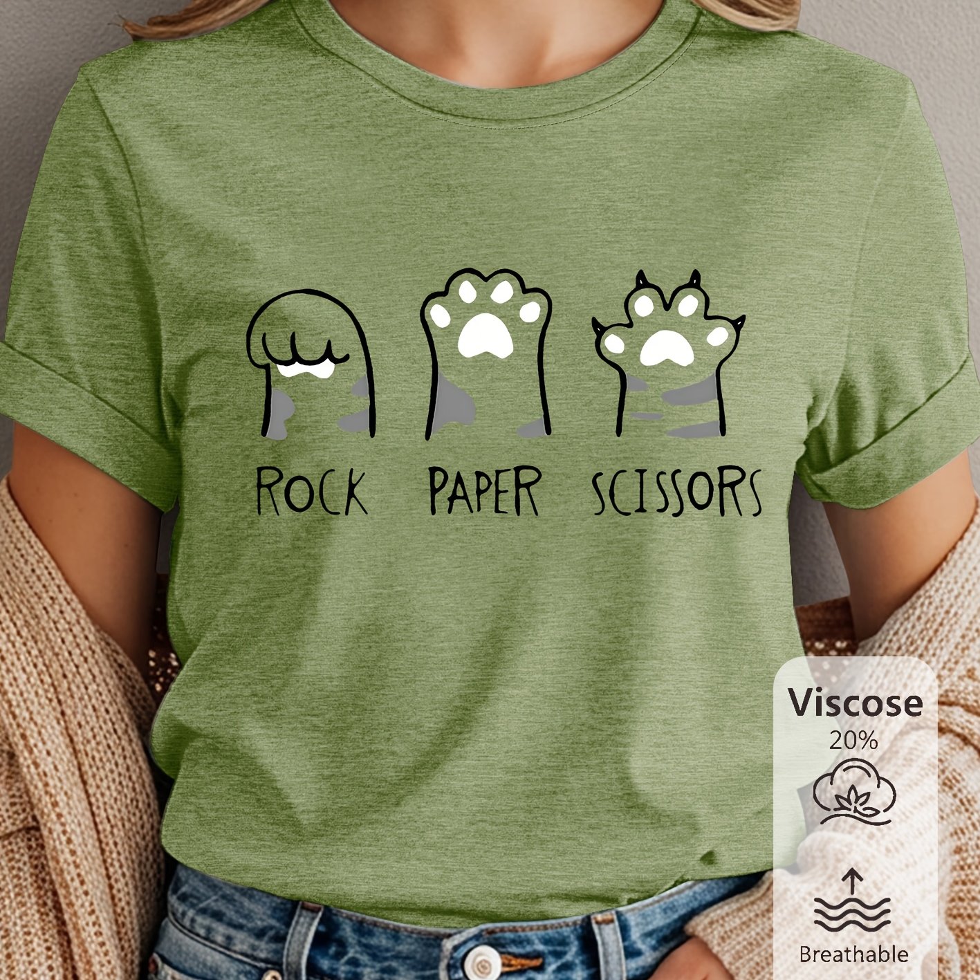 TEMU Women's Rock-paper-scissors Hand Sign Short Sleeve Blouse - Cute Cat Paw Print Rock/scissors/game Graphics, Round Neck Casual Summer Top, S-xxl