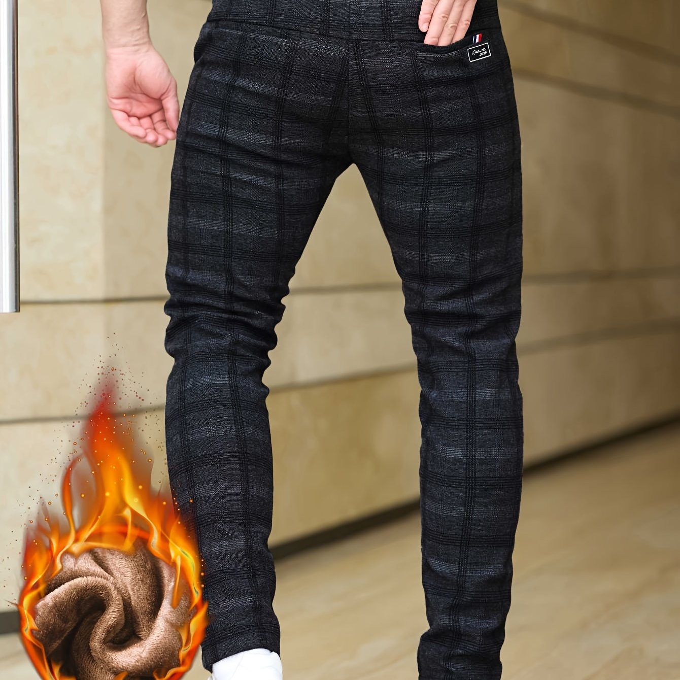 TEMU Men's Slim-fit Plaid Casual Pants - Stretchy, Warm Fleece-lined For Fall/winter Comfort