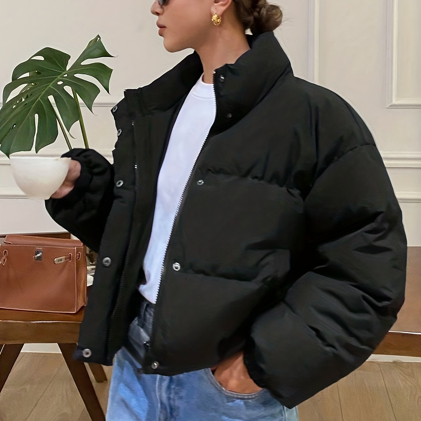 TEMU Women In Winter. Fashionable And Elegant. Solid Color Zipper Stand Collar Jacket