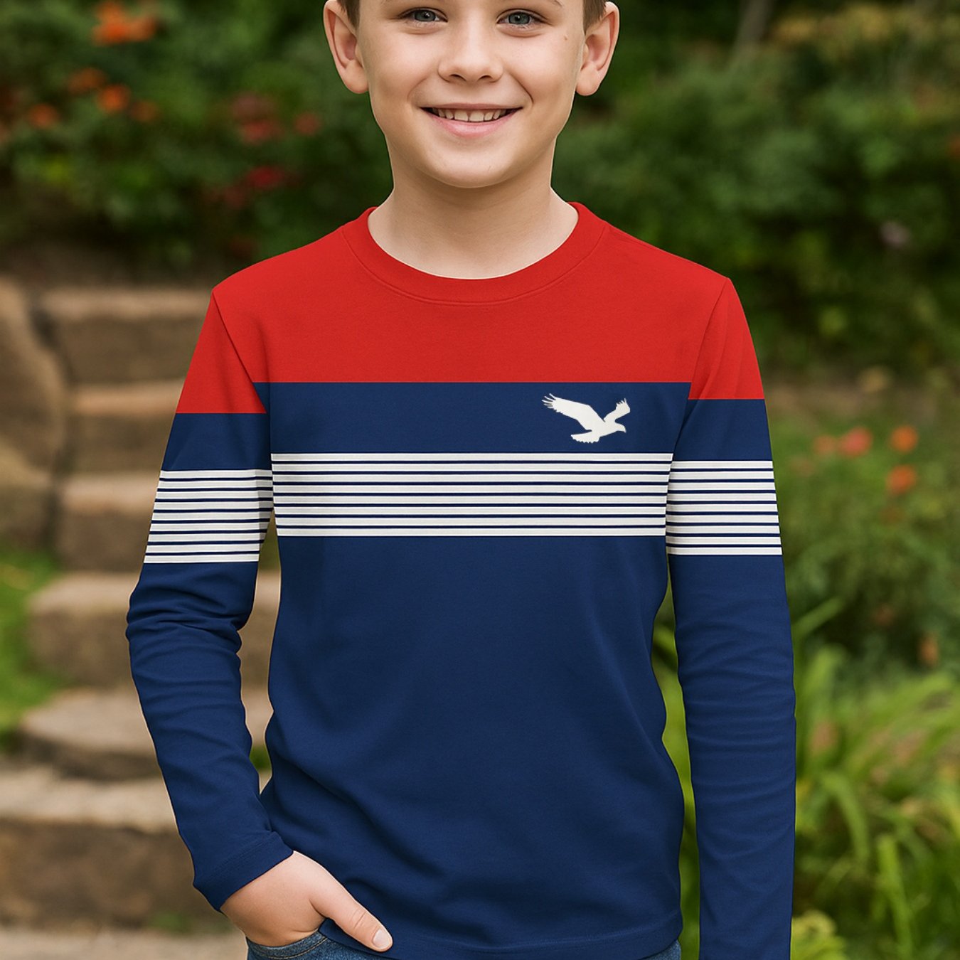 TEMU A Long-sleeved Red And Blue Children's Top With And Bird Decorations Interprets A Trendy And Casual Vibe