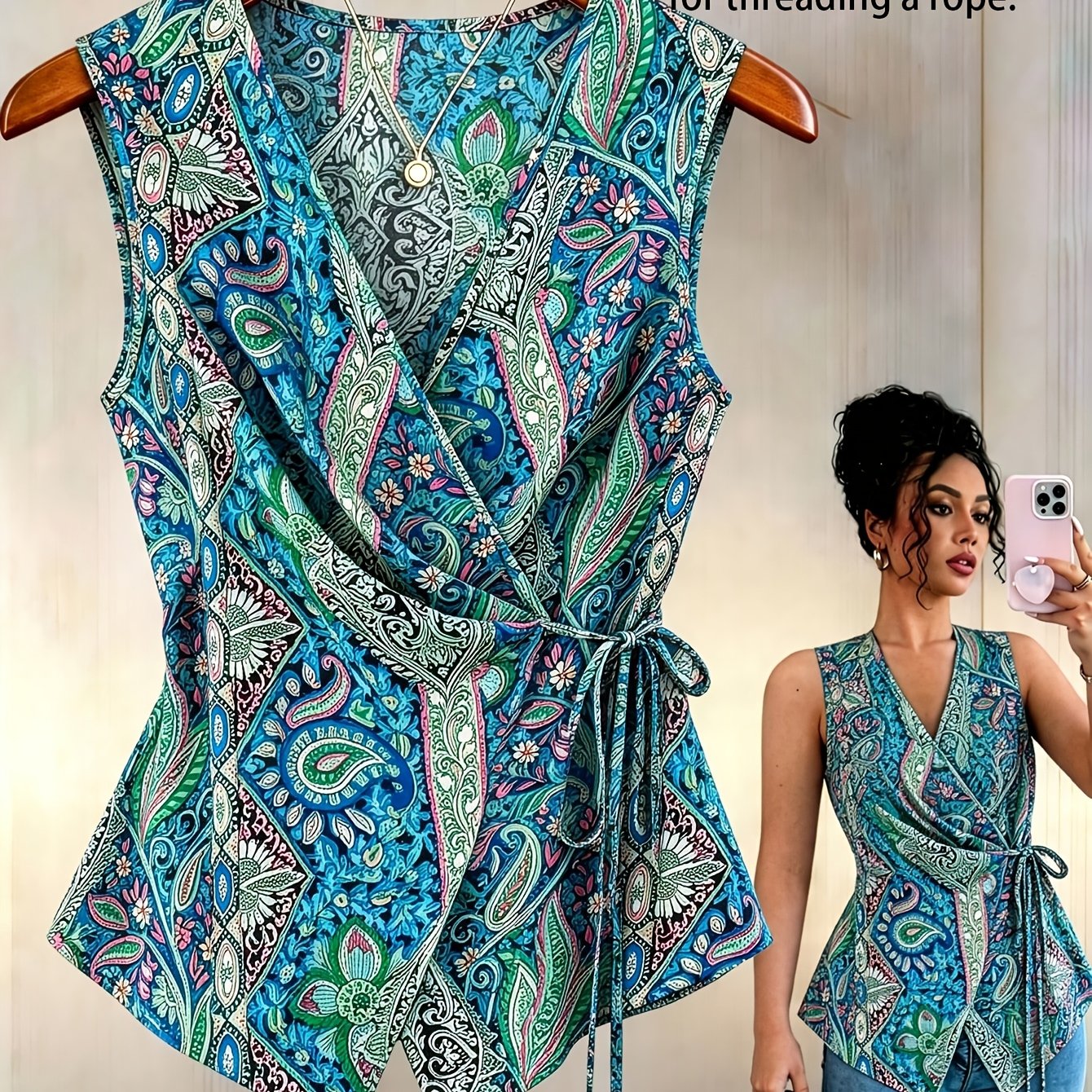 TEMU Women's New Paisley Top, V-neck Cross-tie Sleeveless Slim Shirt, Fashion Casual Vest Suitable For Work, Vacation, Dating, Summer