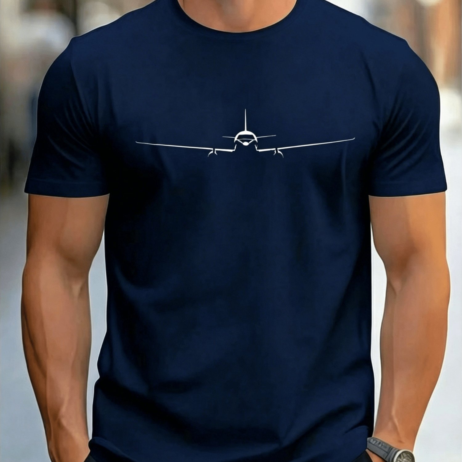 TEMU Gym Workout Men's Airplane Silhouette Print T-shirt, Aviation Pattern Short Sleeve, Casual Round Neck Top