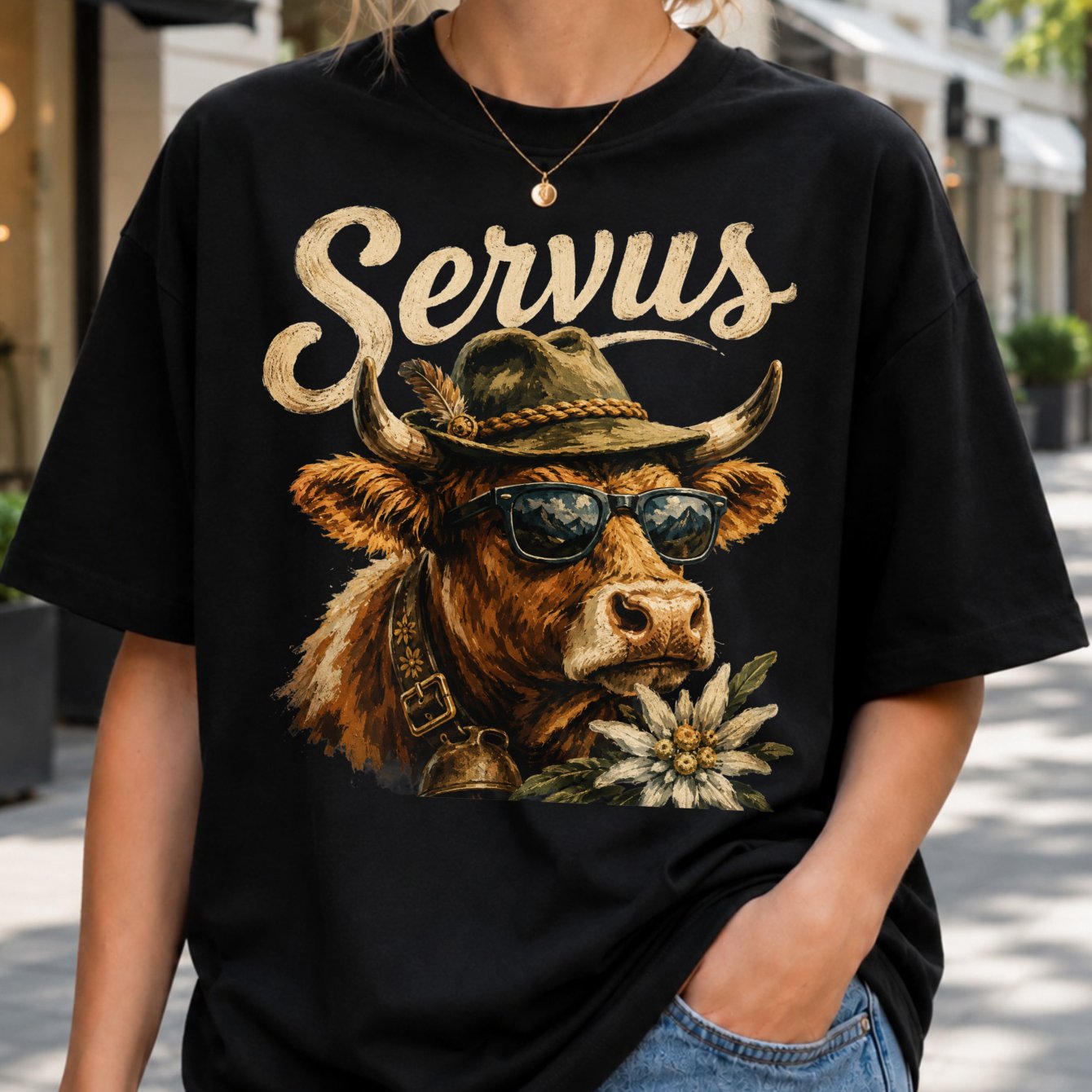 Servus With Alpine Cow In Horned Flower And Rustic Lettering Women's T-shirt
