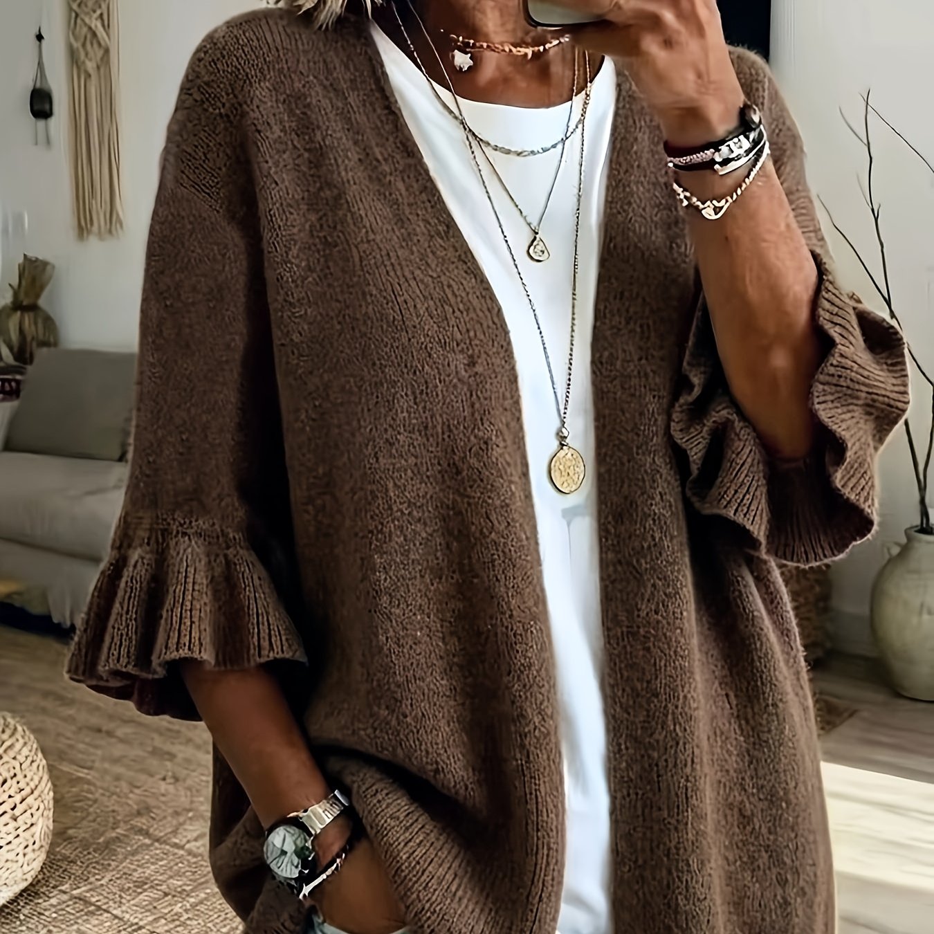TEMU Women's Fashion Retro Cardigan, Open-front Sweater, Soft Fabric Comfortable And Premium Look, Suitable For , Daily , Shopping, And Parties,