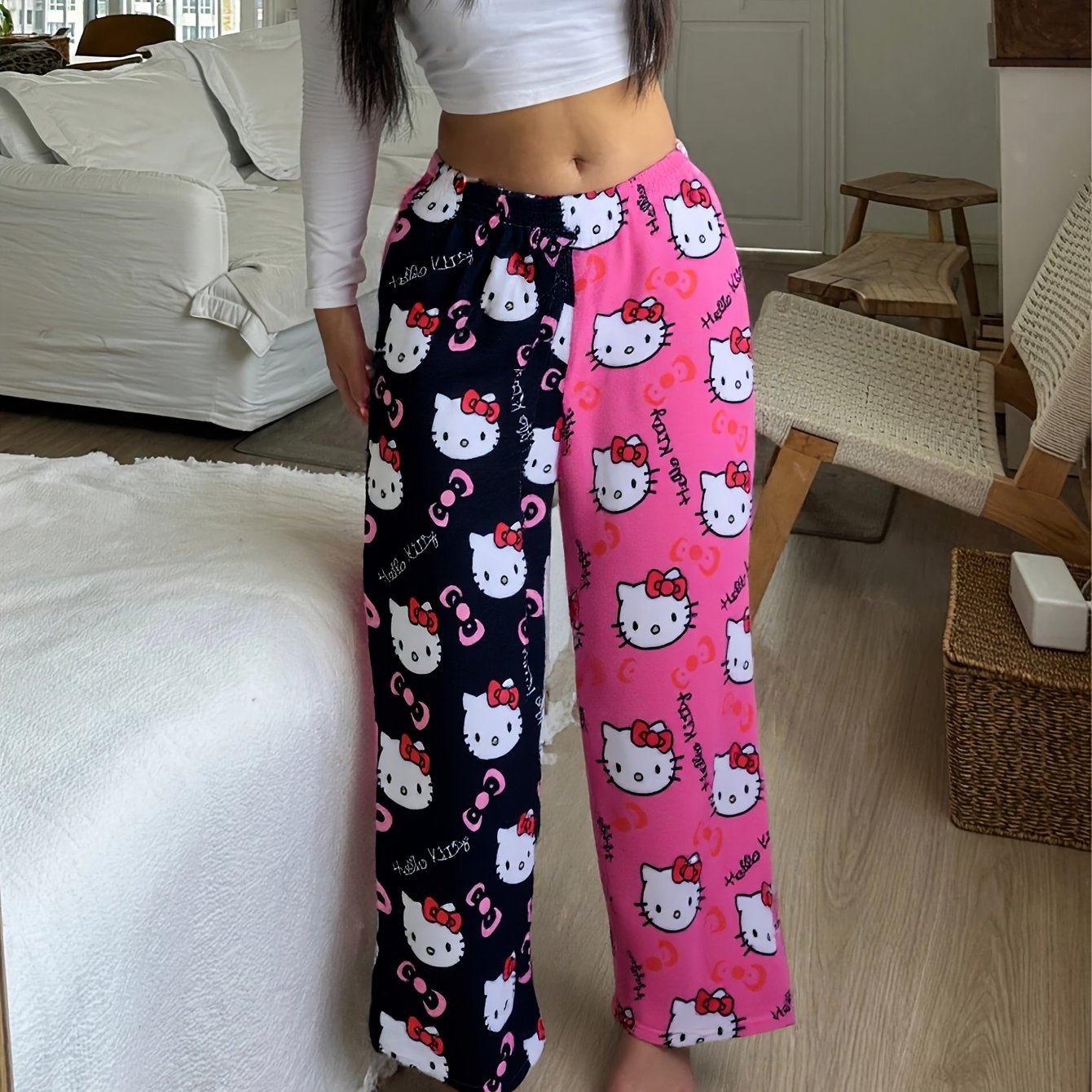 Image of Hello Kitty Edition 2026 Retro Sleep Pants - Rose Color Block Flannel Pajama Bottoms With , Soft Warm Suitable For - Lounge Pants, Iconic Hello Kitty Themed For