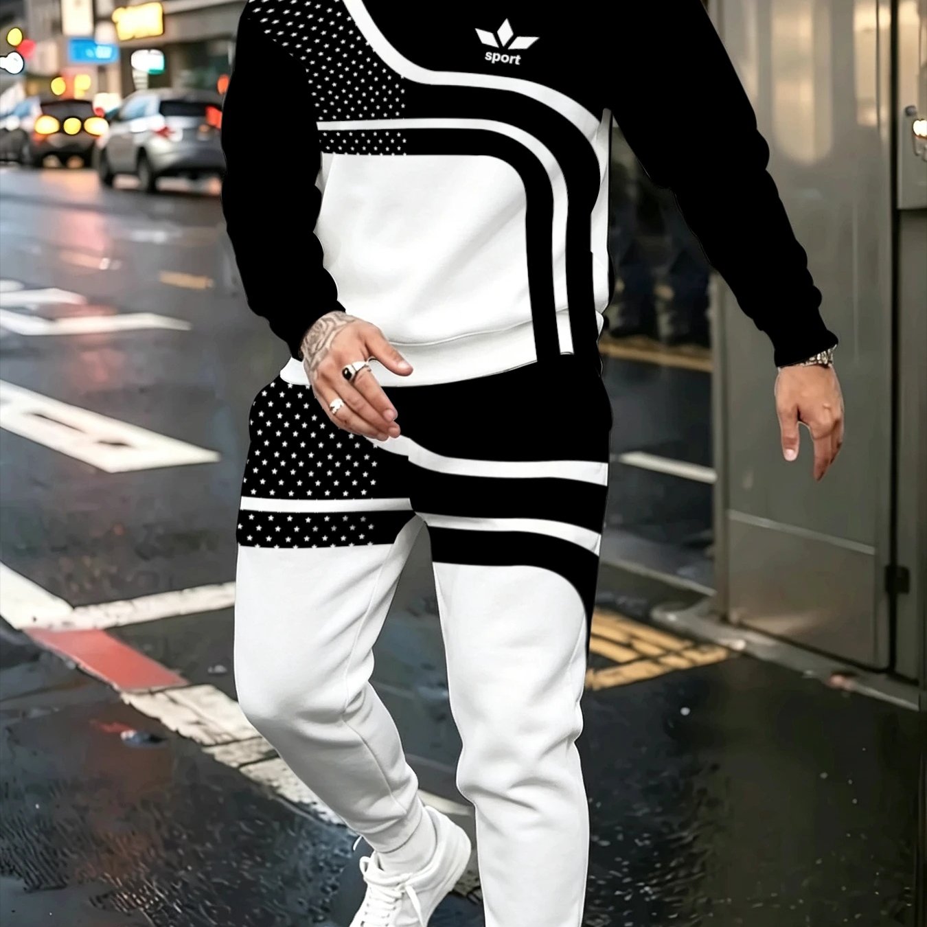TEMU [printed Design â Not Textured] Fashionable With Contrasting , Polka Dots, And Three- Print. Men's Leisure Set: Loose Sweatshirt And Pants 2pcs