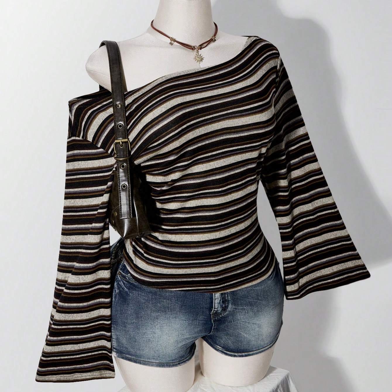 TEMU Y2K Vintage Asymmetrisches Schulter-T-Shirt mit Taillenverengung, Lässiges Retro Asymmetrisches Langarm-Oberteil für den Herbst