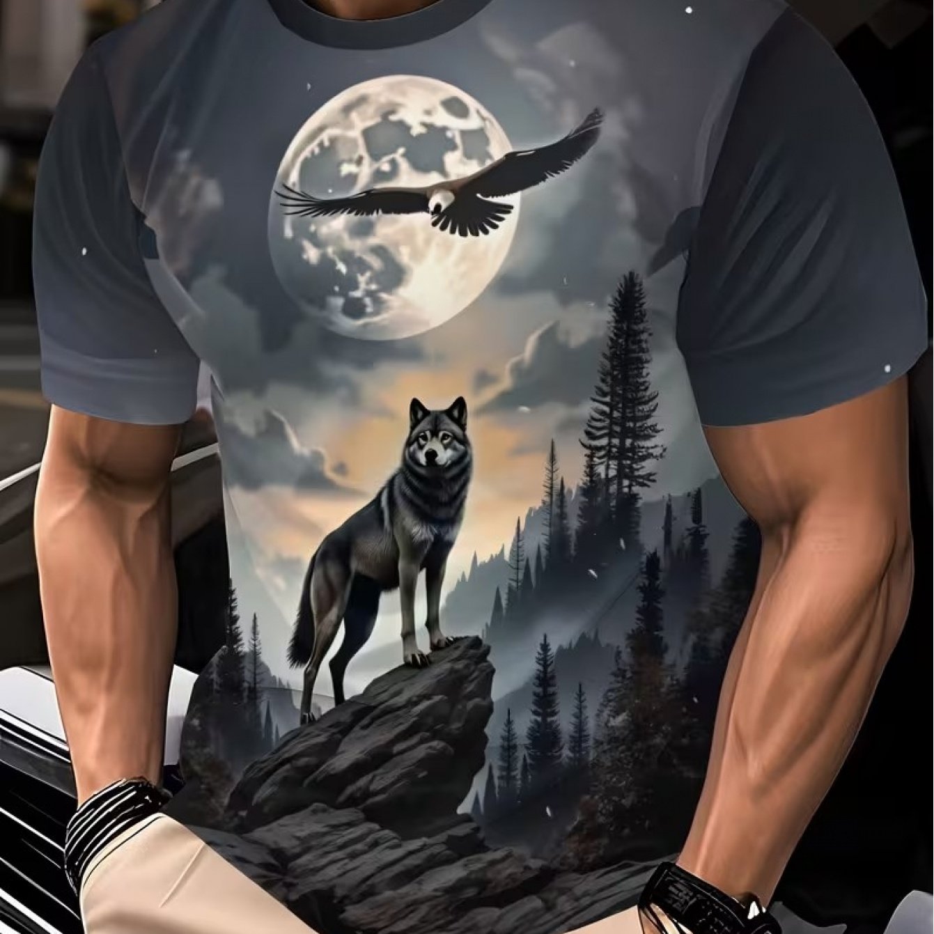 TEMU Men's Casual Fashion T-shirt With Wolf And Moon Graphic - Sporty Polyester, Round Neck, Machine Washable, Ideal For Summer