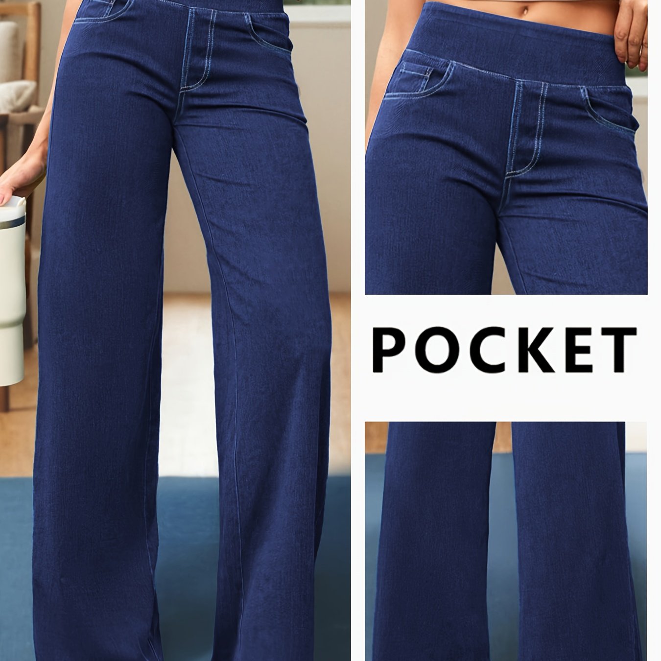 Image of Blue Trendy Elastic Waist Straight Leg Wide-leg Jeans For Women, Yoga Lifting Loose Fashion Stretch Pants