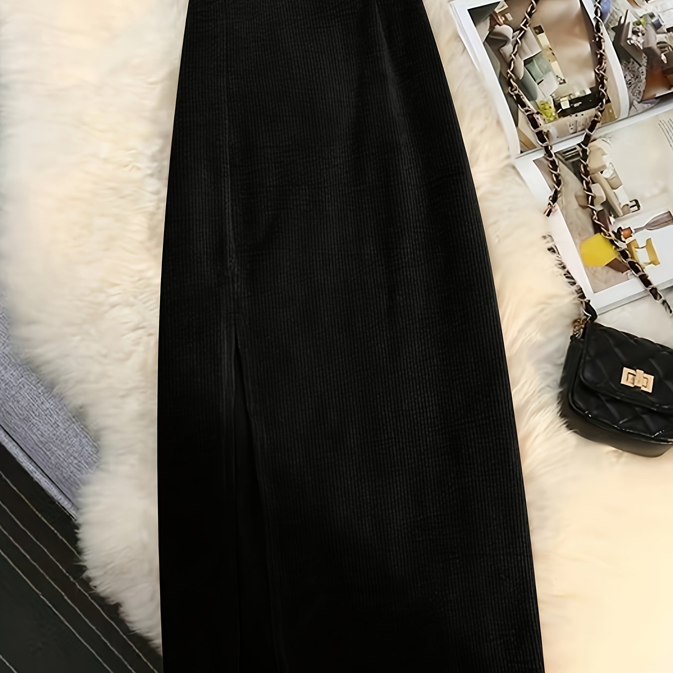 E-shop Damen Herbst Winter Eleganter Cord Rrock mit Seitenschlitz (Gürtel Nicht Enthalten)