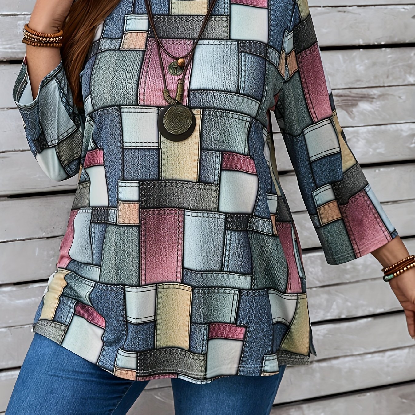 Plus Size - Plus Size - Plus Size Women's Spring/autumn Long Sleeve T-shirt, Color- Round Neck Long Sleeve Top