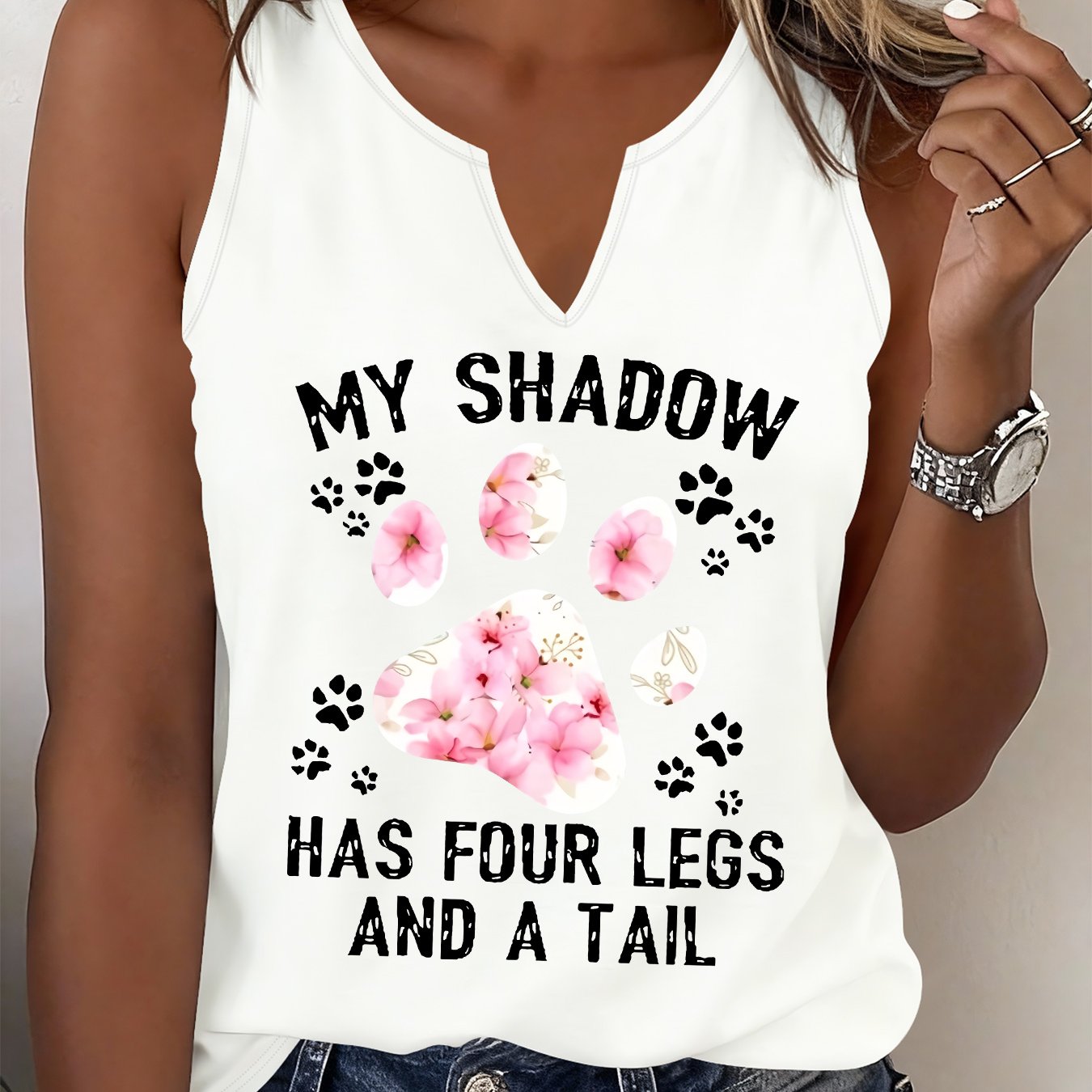 TEMU Fashionable Women's Sleeveless V-neck Tank Top With A Design Featuring Cat , Perfect For Casual Wear And Comfortable To