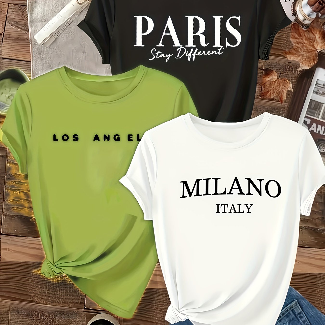 TEMU Three-pack Women's Minimalist Letter Print Short Sleeve T-shirts With Paris Graphic, Round Neck, Loose Fit Summer , Plus Size Fashion Top For