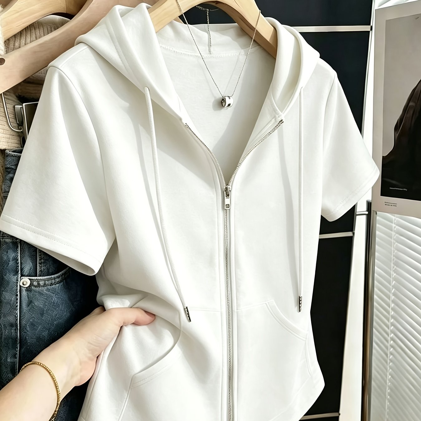 TEMU Women' Color Minimalist Casual Hoodie Short Sleeve