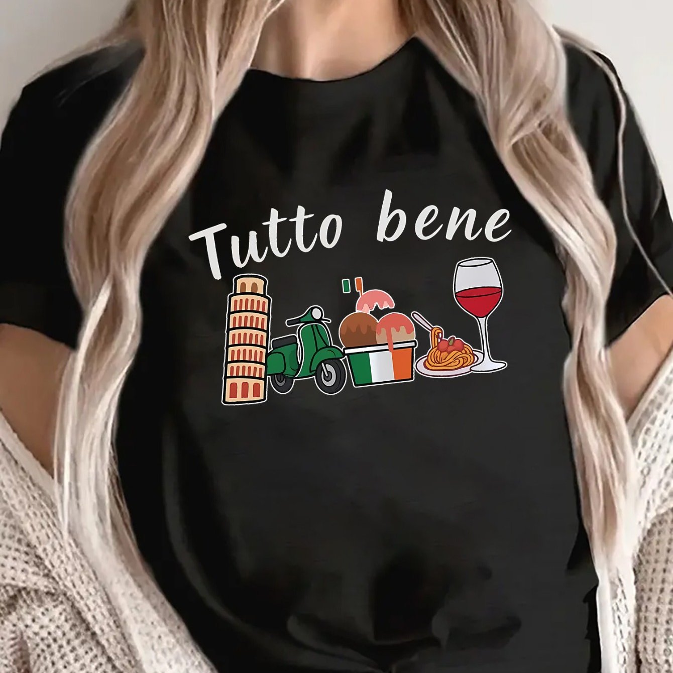 TEMU Italian-themed T-shirt - Tutto Bene With Tower Of & Scooter Design | Lightweight Polyester Round Neck Short Sleeve Top Suitable For Casual Wear,