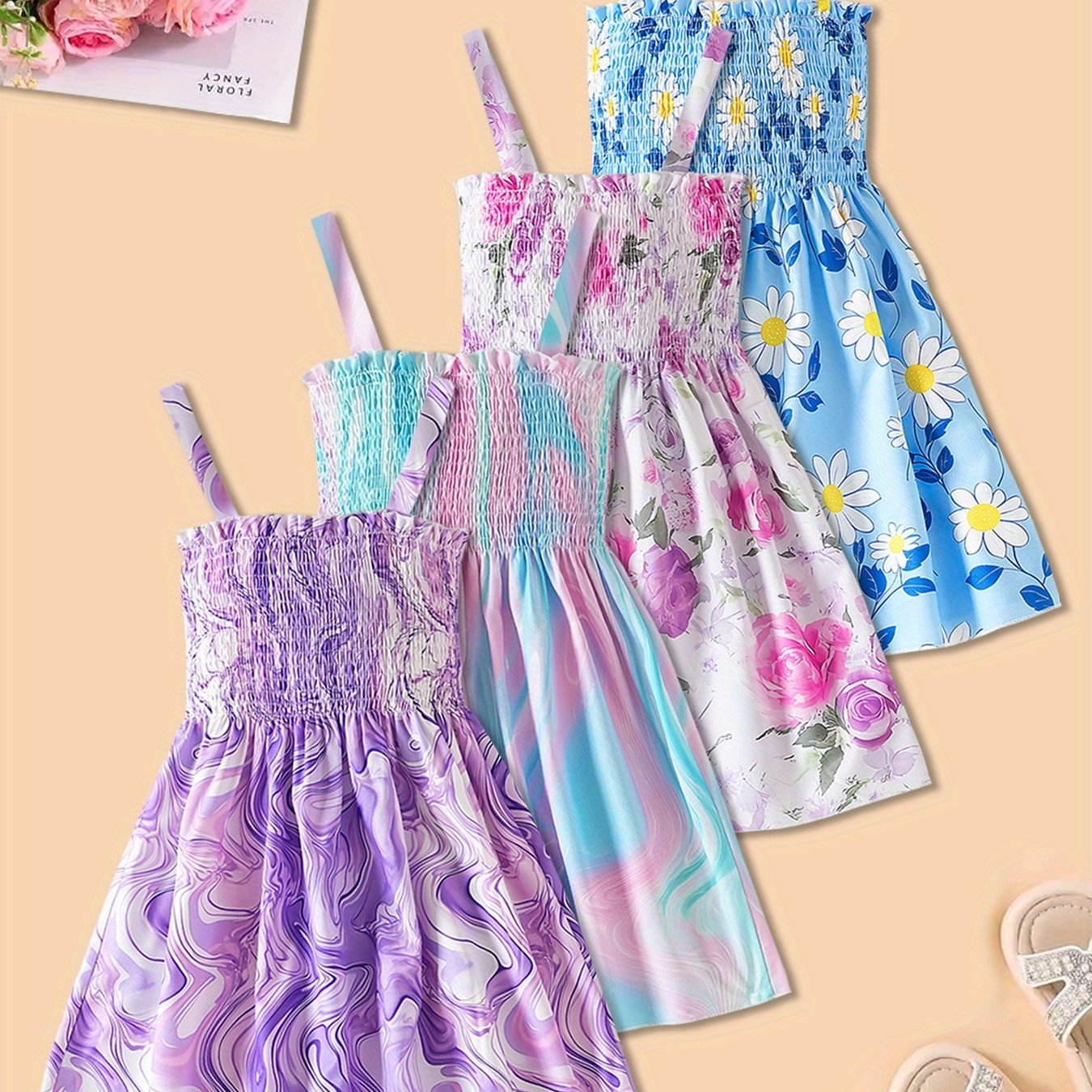 4pcs Set Floral Skirt Prom Girls Off-shoulder Princess Dress Camisole Girls Summer Dress New Clothing