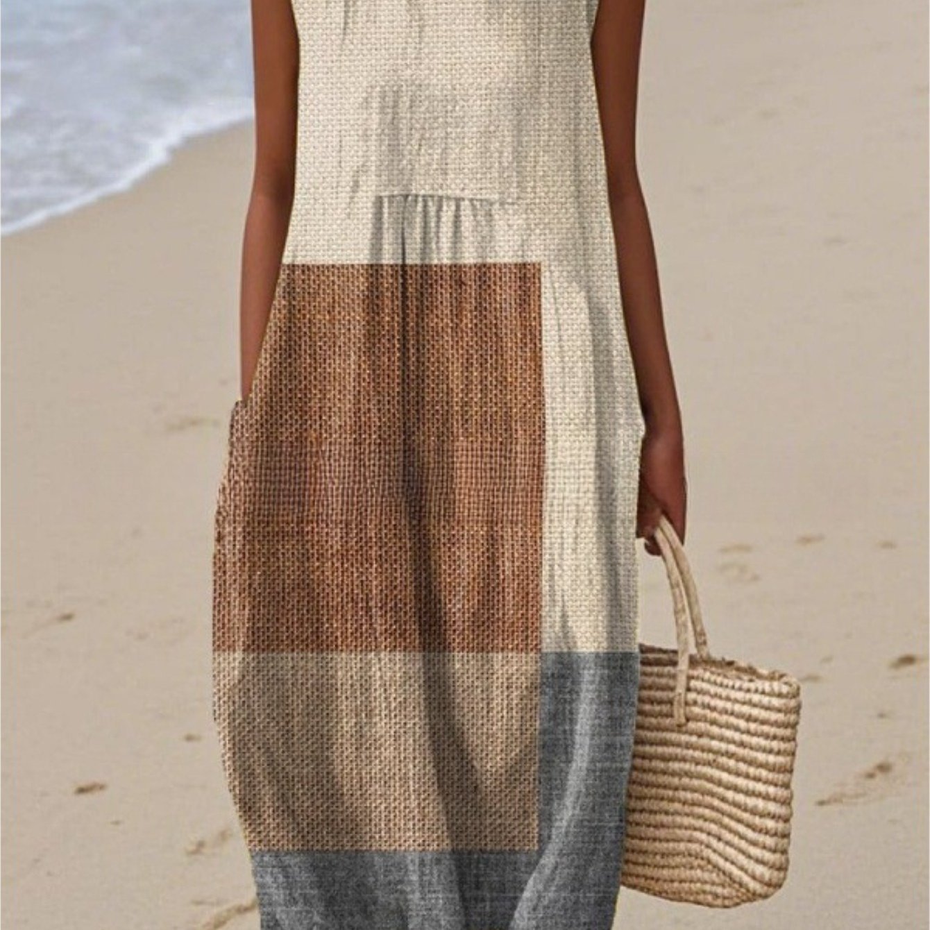 Image of Plus Size, Plus Size - Plus Size - Plus Size Women Sleeveless Tank Dress, Color Block Print Midi Dress, Casual Minimalist Style, Perfect For Beach Vacation Daily Wear