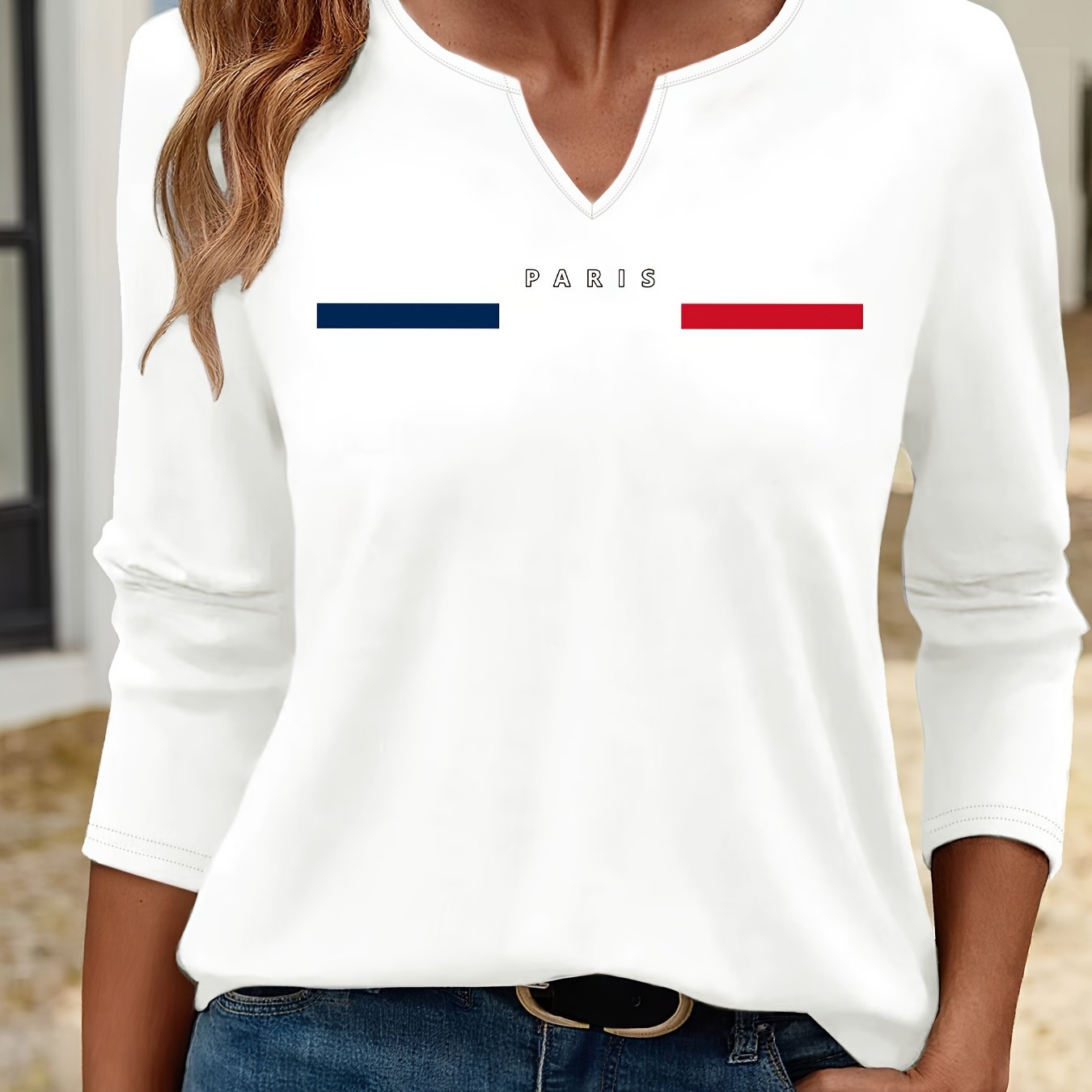 TEMU Women's Fashion Long-sleeve T-shirt With A Printed Design And V-neck, Suitable For Casual Wear And Autumn