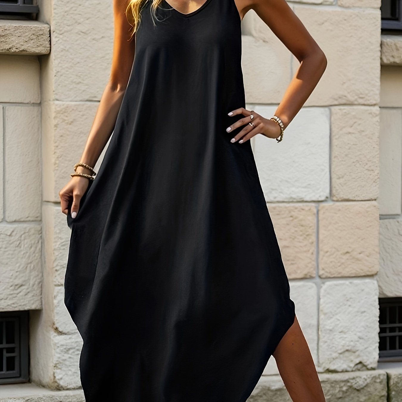 E-shop Damenkleid, Modisches Elegantes Casual Einfarbiges Kleid mit Saum, Doppelte Spaghettiträger Design, Langes Damenkleid, Ideal für Urlaub, Dates,