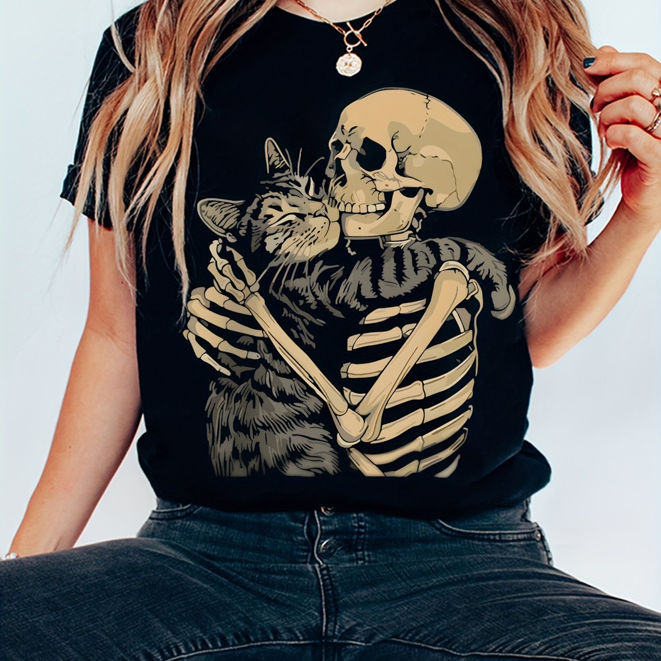 TEMU T-shirt à manches courtes et col rond avec un motif de crâne et de chat