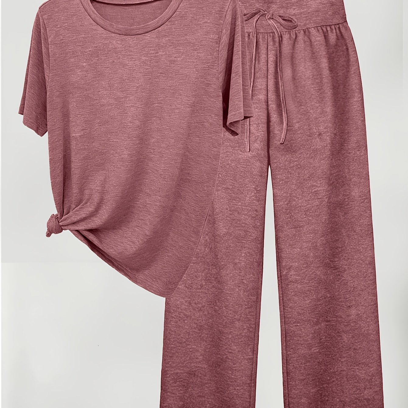 TEMU Women's Round-neck Short T-shirt And Long Pants Set, , , Medium-stretch Fabric, Elastic Waistband On The Pants, Machine Washable, Elegant For