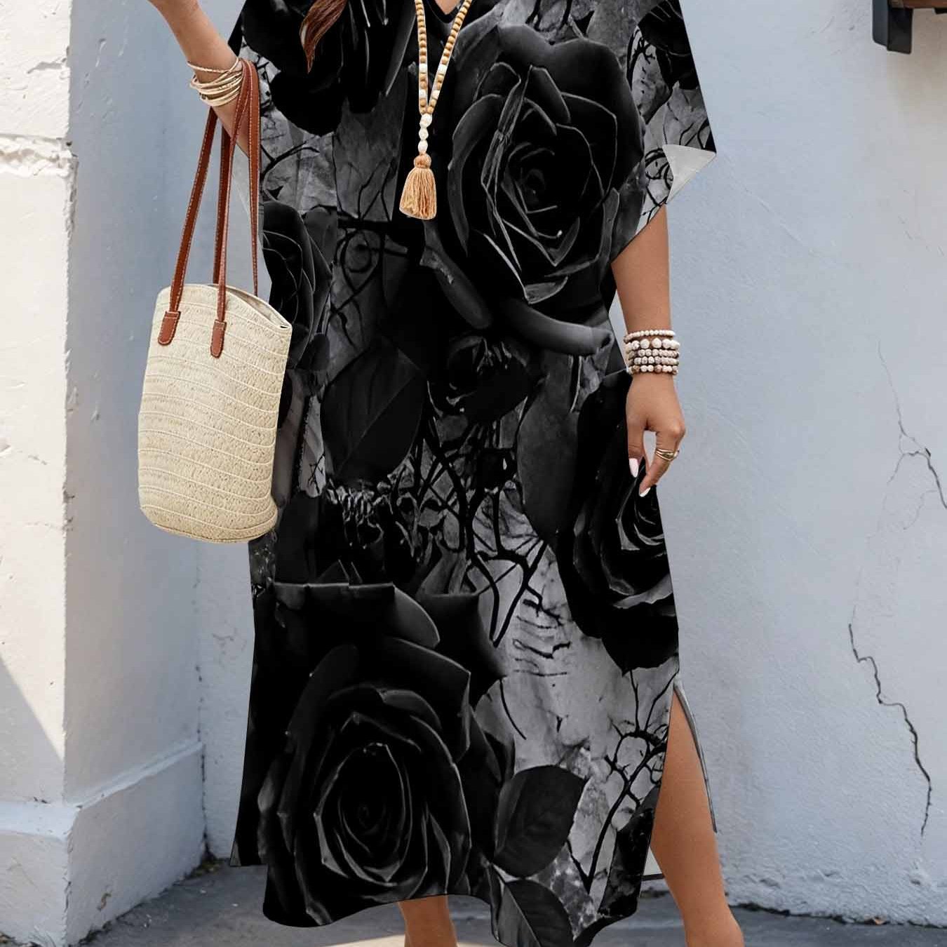 Image of Plus Size Women's 08xl Gothic Vintage Style, Black Rose Floral Print Maxi Dress, V-neck Batwing Sleeve Dress With Double Side Slits, Loose Casual Summer Dress For Curvy Women