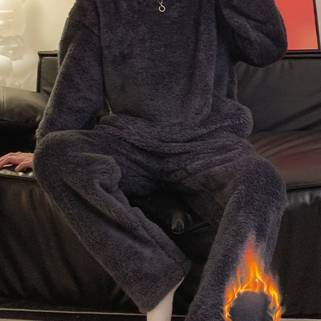 TEMU 's Pajama Set Autumn Winter Long Sleeve Long Pants Fleece Thick Warm Solid Color Comfortable Long Plush