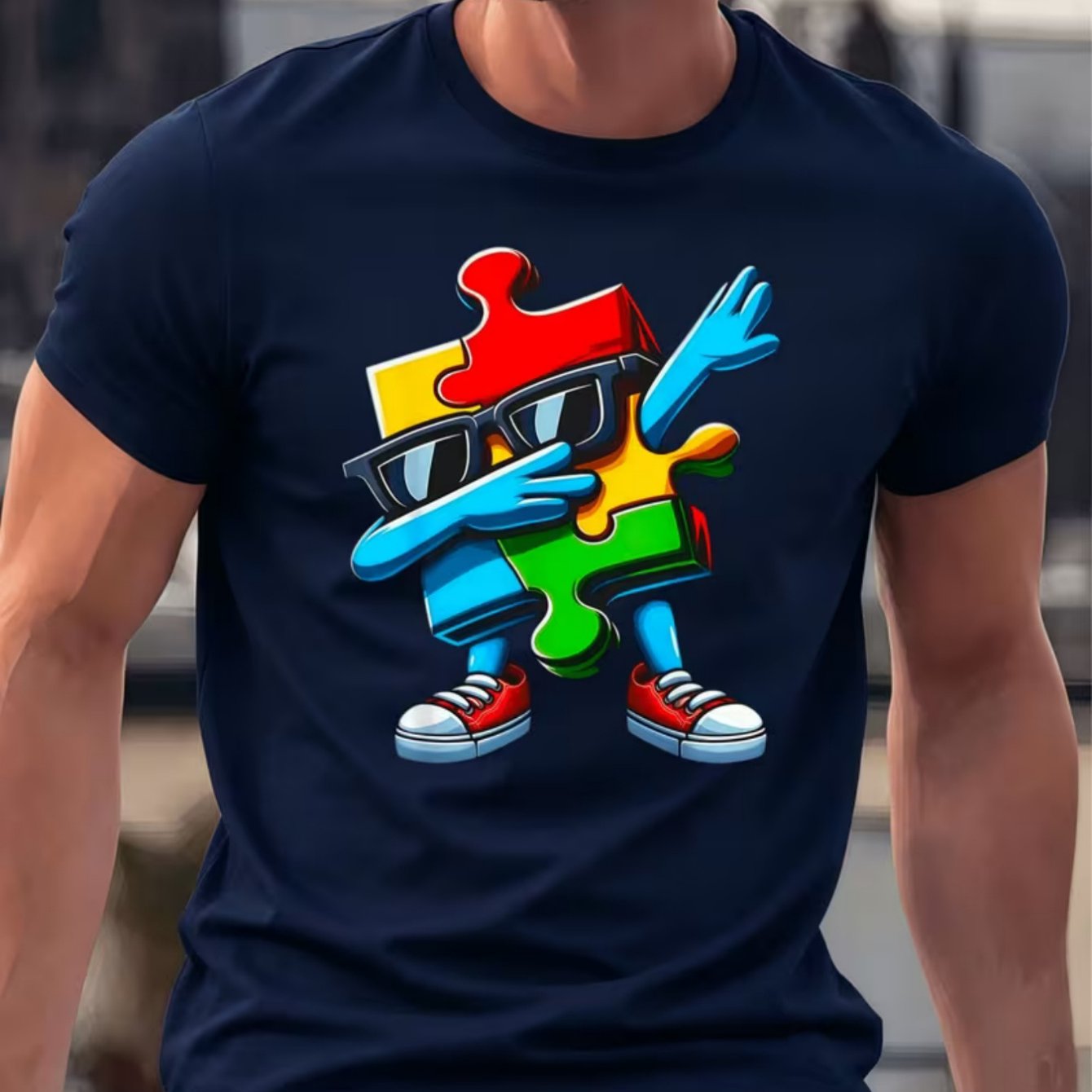 TEMU Tricolor Puzzle Anthropomorphic Character, Sunglasses Canvas Shoes Street Dance Dab Gesture, Fashion Men's Short Sleeve
