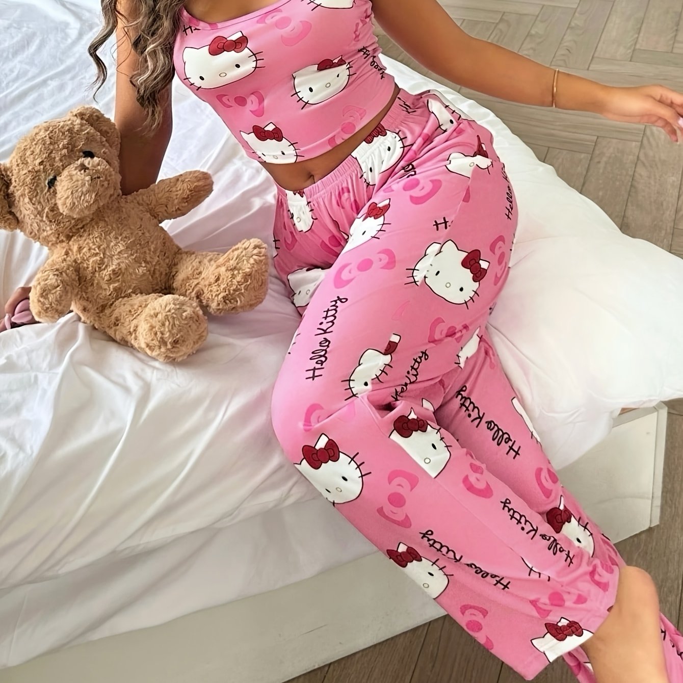 Image of Hello Kitty Women's Cami Pants , Cartoon And Letter Print Pajama Set 2pcs