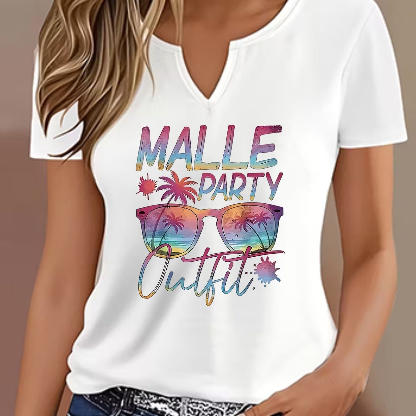 TEMU Women's Casual Printed T-shirt - Soft Breathable Fabric, Malle Party, Party Design, Regular Fit V-neck, Machine Washable Top, Casual Wear,