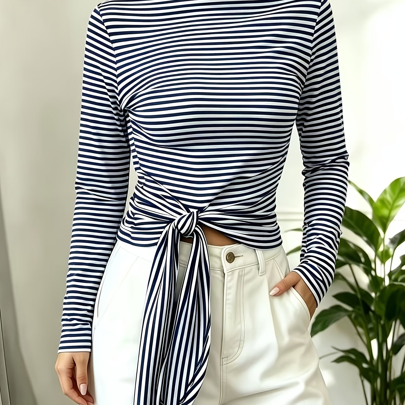 TEMU Women's Classic Striped Boat Neck Long Sleeve T-shirt, Front Tie-waist Slim Fit Crop Top, Versatile Style For Work, Daily, And Casual Wear