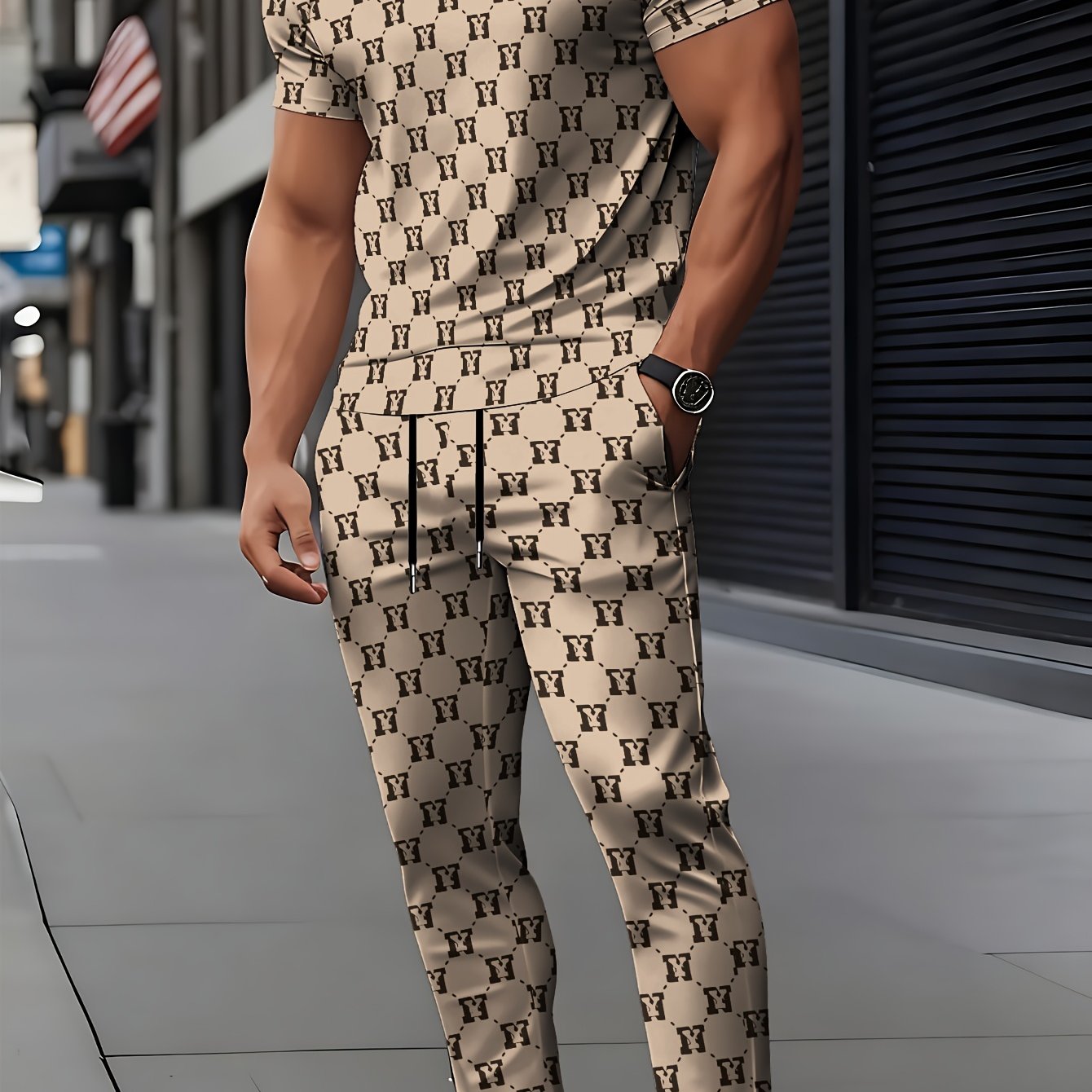 TEMU Spring Summer Men's Fashion Round Neck Short Sleeve And Long Pants 2pcs Set, Print High-definition Pattern, Casual Comfortable Breathable