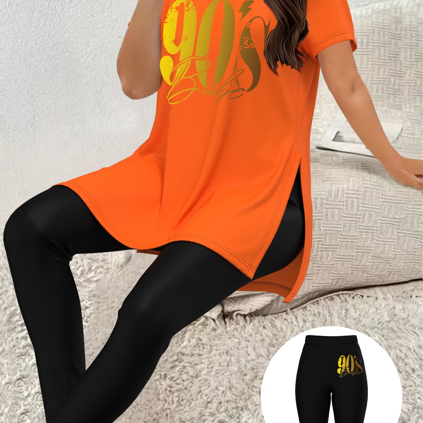 TEMU A Women's Casual Printed Short-sleeve Top With Leggings, Featuring A Round Neck With Slit Details And Made From Stretchy Fabric With Regular