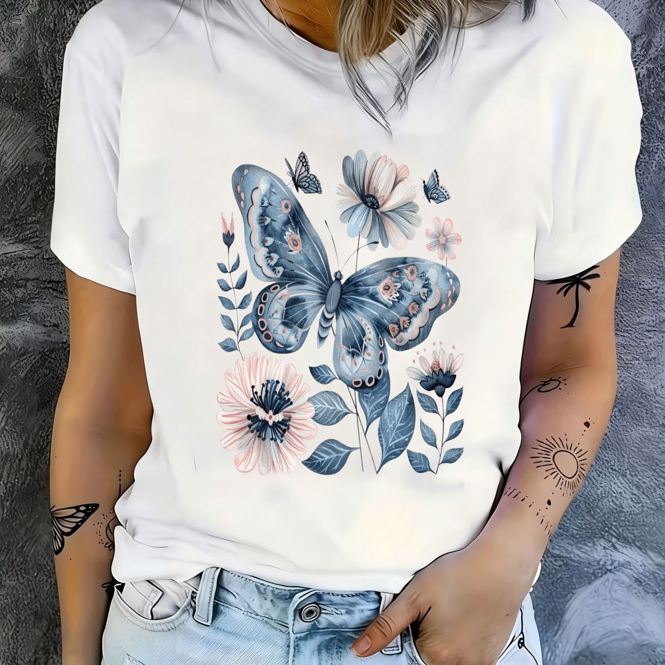 TEMU Women's Round Neck Trendy Printed T-shirt, /summer Style, Comfortable Short Sleeve, Outdoor Wear, Family Outfits, Gift Clothing, Casual Short