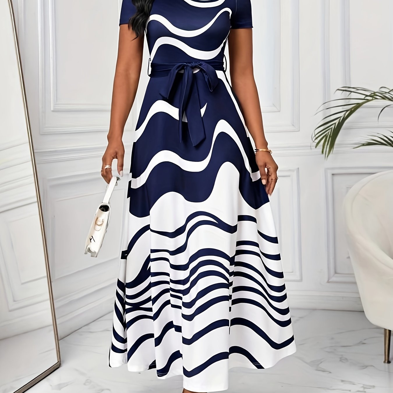Image of Yy0102019 Holiday Party European And American Elegant Spring/summer Dress With Round Neck, Short Sleeves, Water Ripple Print, A-line Skirt