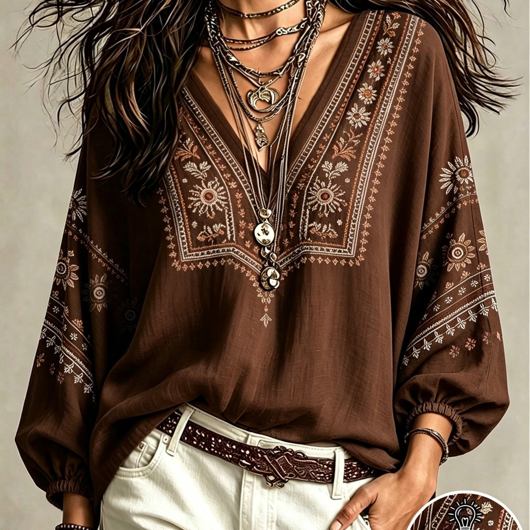 TEMU Plus Size - Directional Style Plus Size Printed Bohemian Casual V-neck Long Sleeve Top