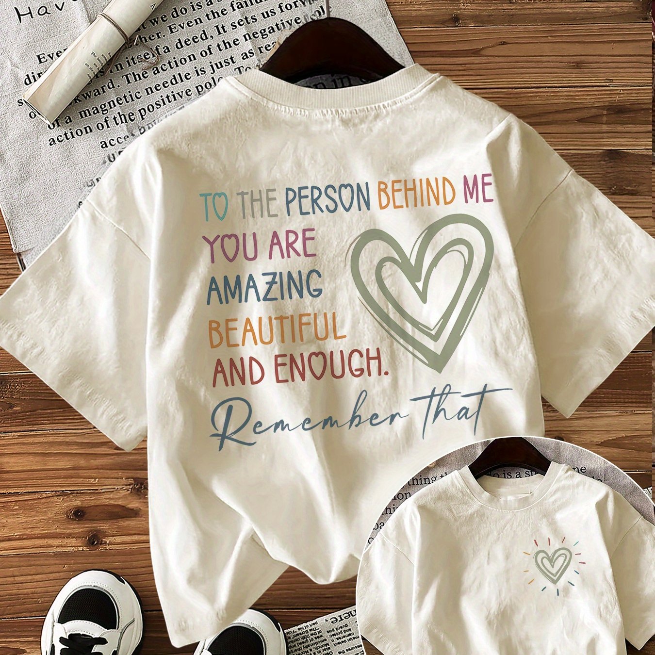 Image of Warm Style Short-sleeve Round-neck T-shirt With A Double-sided Print Featuring The Text 'to The Person Behind Me' And Heart Designs