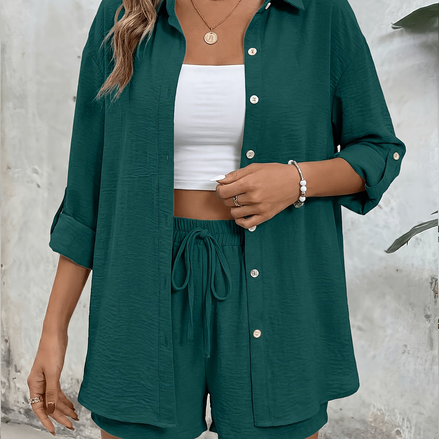 TEMU Spring And Summer Solid-color Long-sleeve Shirt And High-waisted Shorts Set - A Fashionable, Comfortable Outfit Perfect For Home And Travel. A