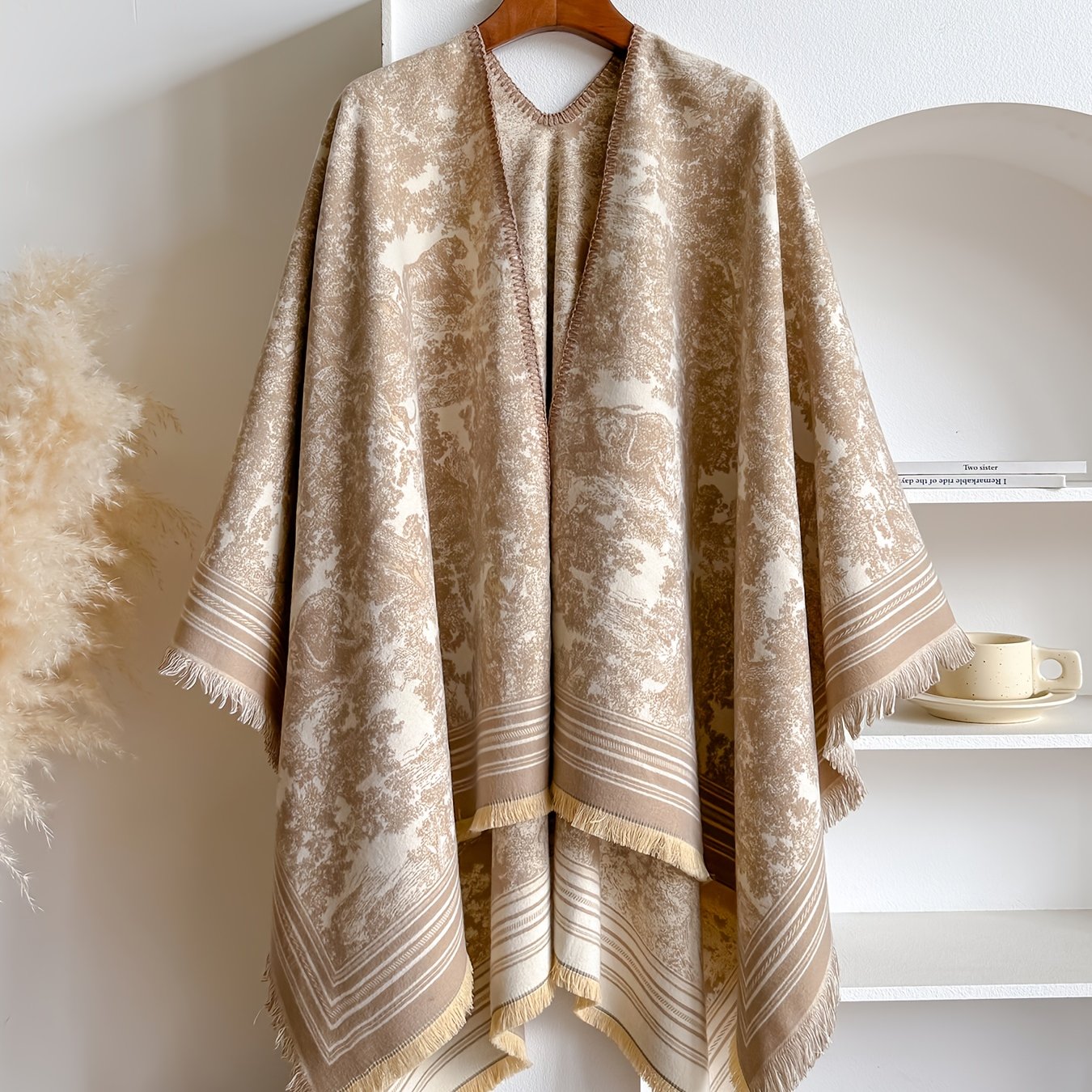 Plus Size - Cashmere Double-sided Warm Poncho Coat, Tropical Animal And Plant Pattern Jacquard, Light Luxury Collection, Ideal For Vacation, Bonfire Dinners