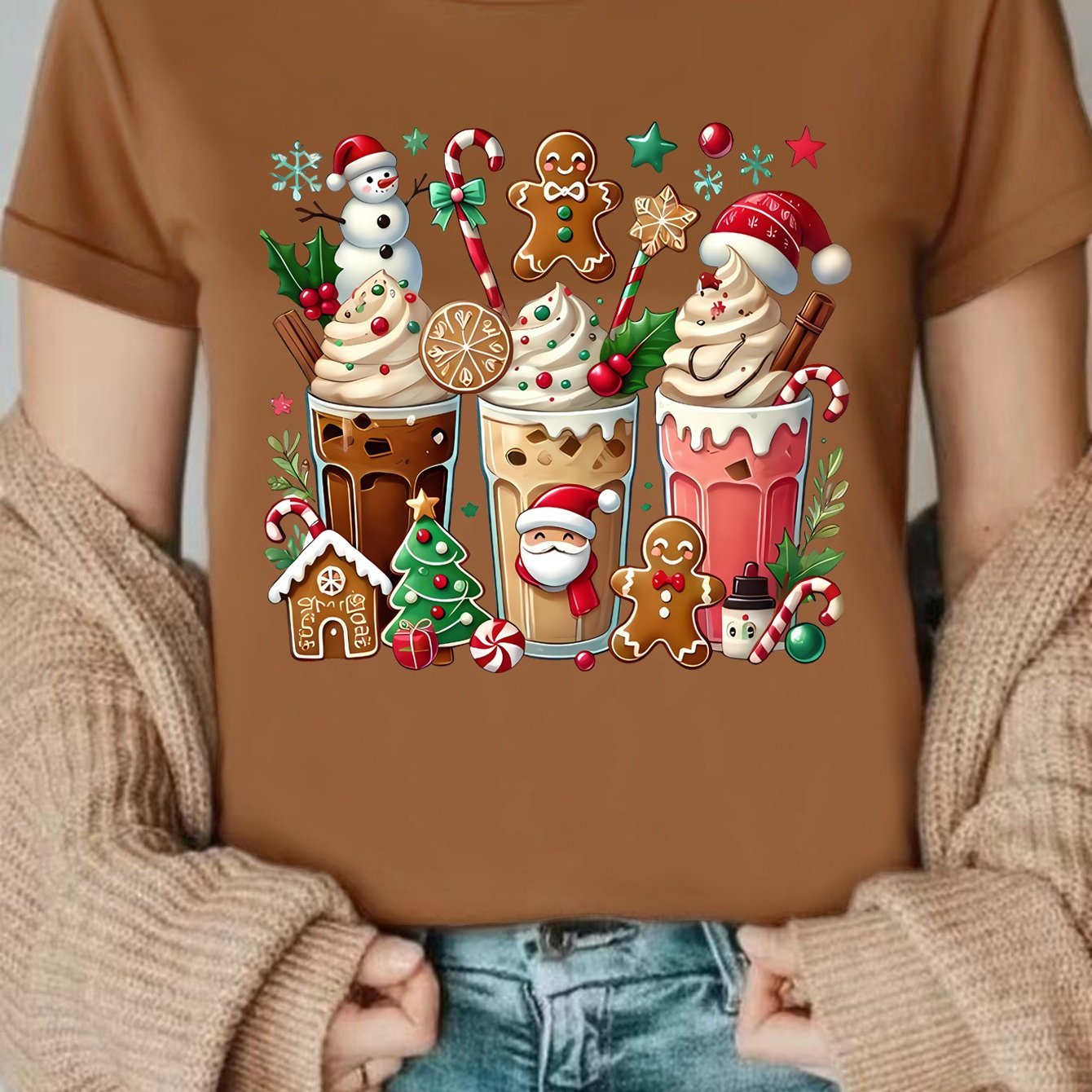 TEMU Gingerbread Latte Printed T-shirt, Christmas Sports T-shirt, Coffee Crew Neck T-shirt, A Christmas Gift For Coffee Enthusiasts