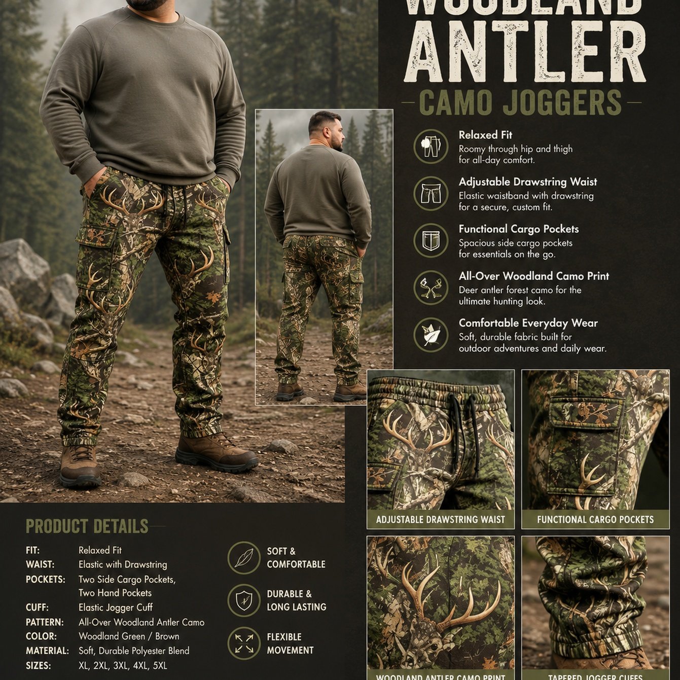 Image of Men's Plus-size Hunting Cargo Jogger Pants With & Multi- - Loose-fit Outdoor Pants Suitable For Camping,, Casual Wear, Machine Washable For - Use (no Sections), Plus Size