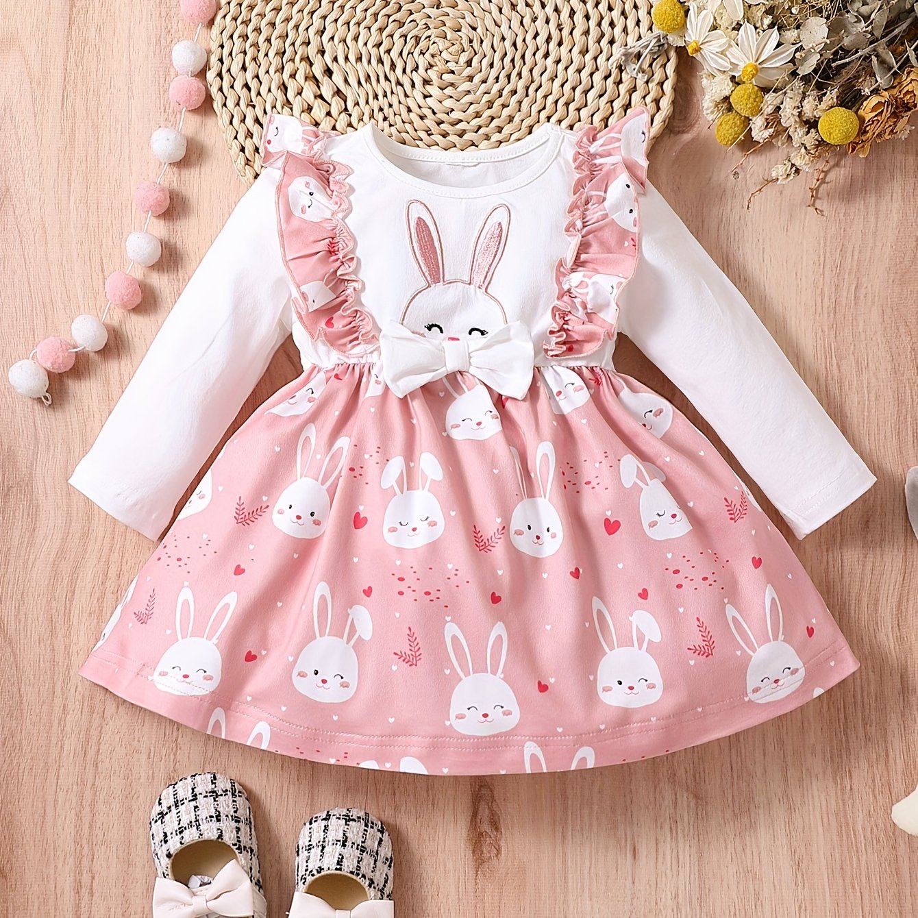 Baby Girl Cartoon Rabbit Pattern Pink Corduroy Sleeveless Tank Dress