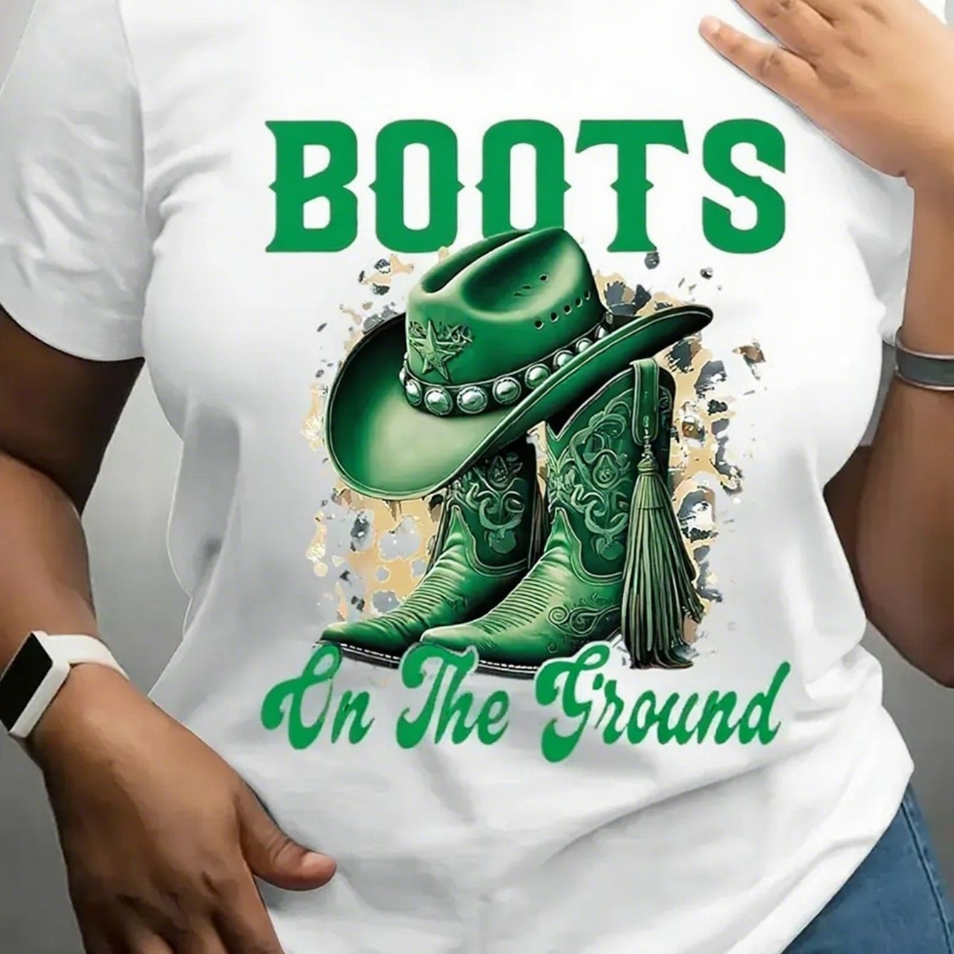 TEMU Women's Black Western Cowboy Boots Graphic T-shirt - 100% Relaxed Fit Short Sleeve Round Neck Tee With "boots On " Print For Summer Casual & Party Wear