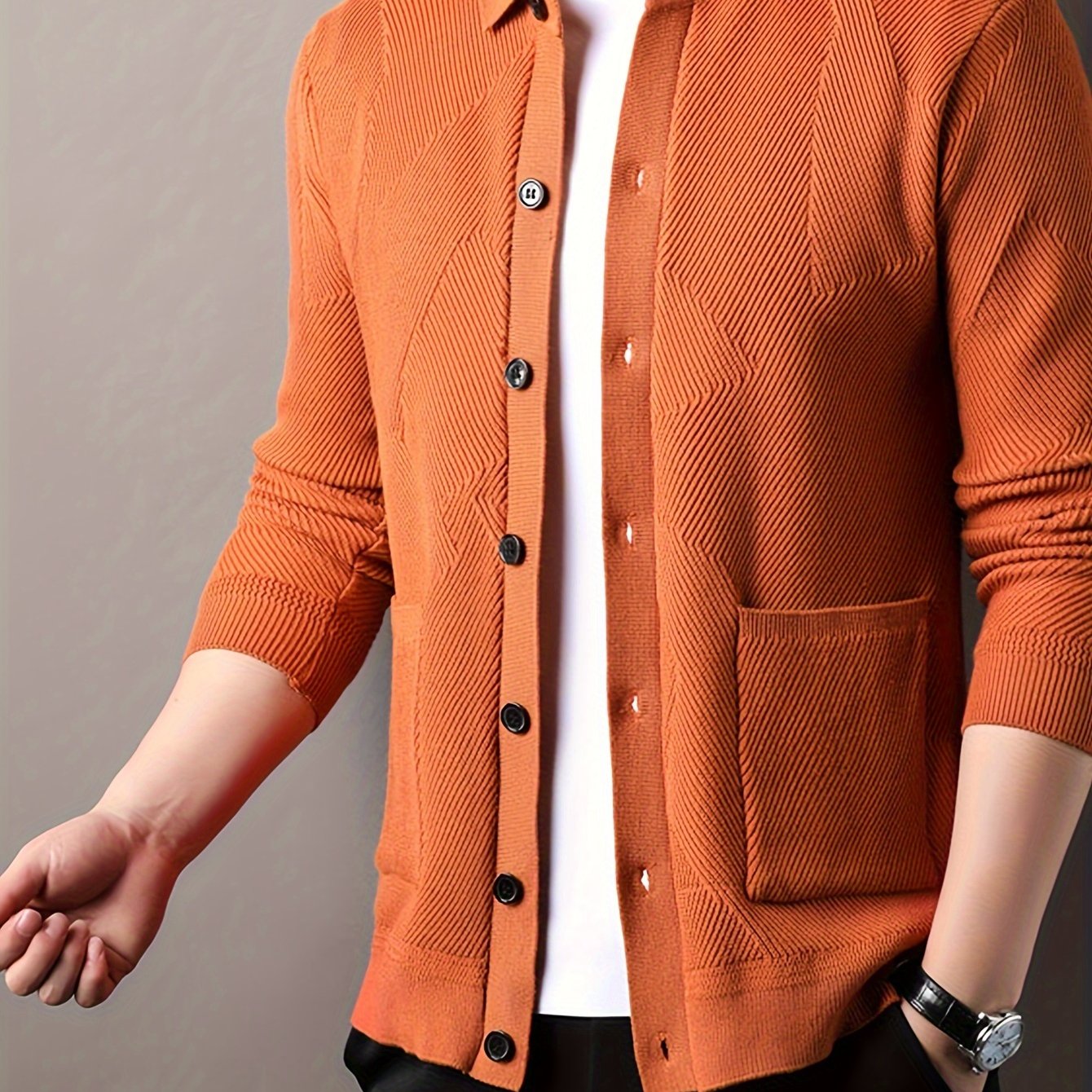 TEMU Father's Day Gift For Men 2024 New Style Japanese And Korean Trendy Men's Knitted Cardigan Coat, Square Neck Jacquard Cardigan