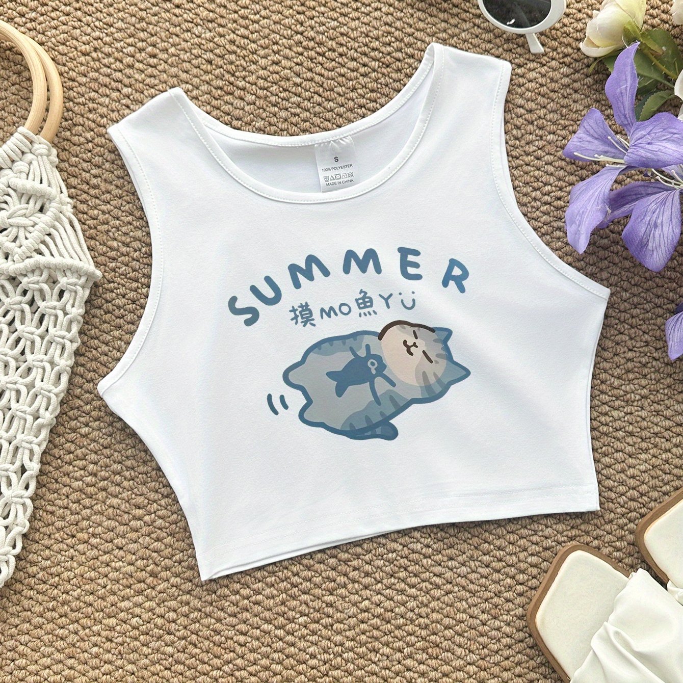 TEMU Print Crop Tank Top, Sleeveless Casual Top For Summer & Spring, Women's Clothing