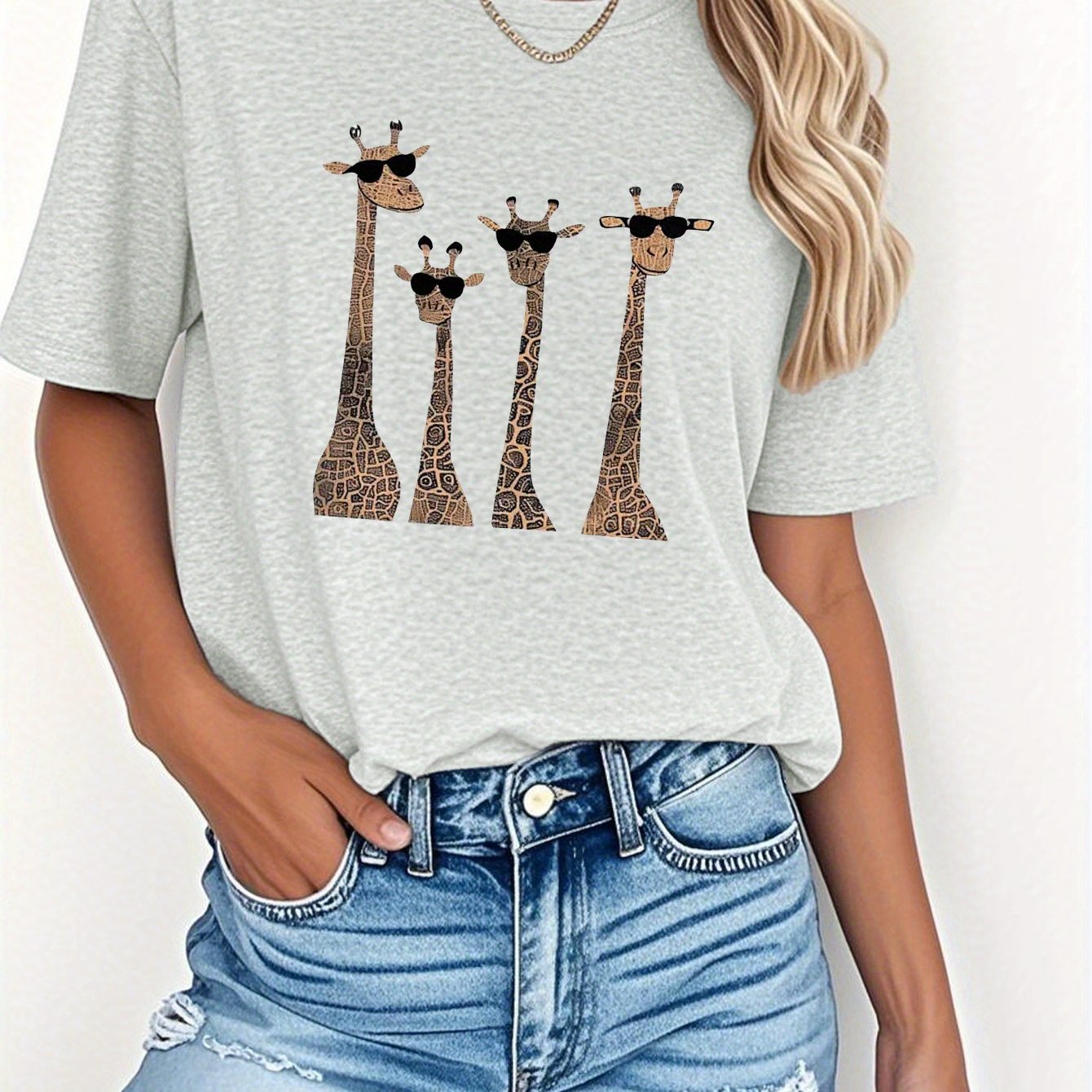 TEMU Easy To ! Fashion Glasses Giraffe , Women's Spring And Summer Fashion Casual Short Sleeve T-shirt, Fashionable And Comfortable, Casual And