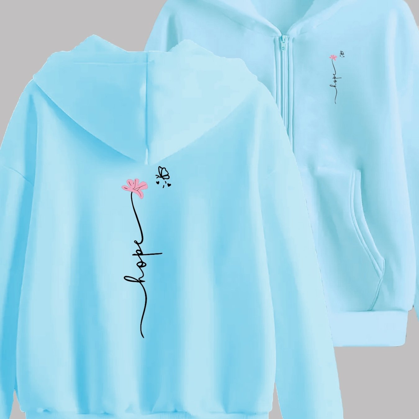 TEMU Pink Floral And Lettering Design Front And Back 2-pattern Print - Y2k Zip-up Hoodie With Hood - Fashionable And Comfortable Zip Jacket - Casual